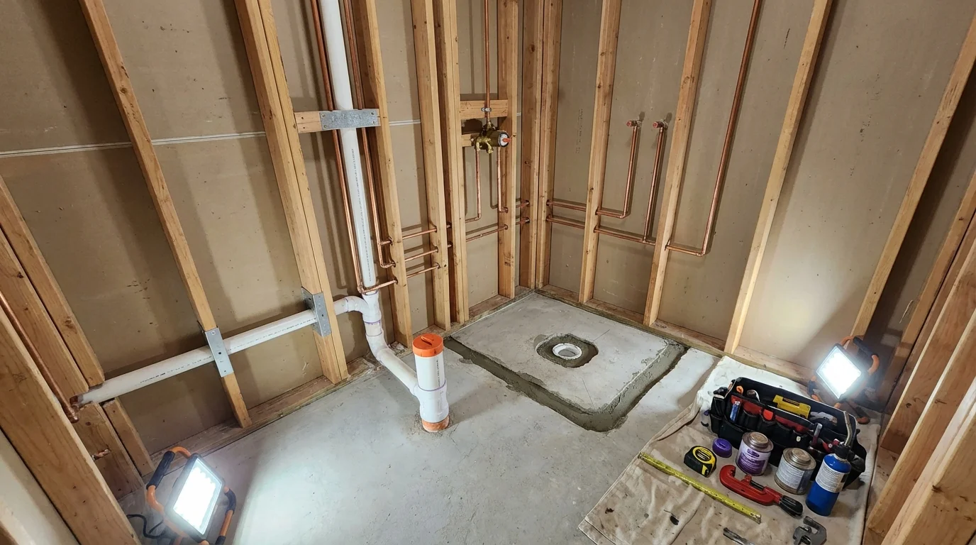 Bathroom rough-in plumbing during remodel by Johns Plumbing LLC in Linwood