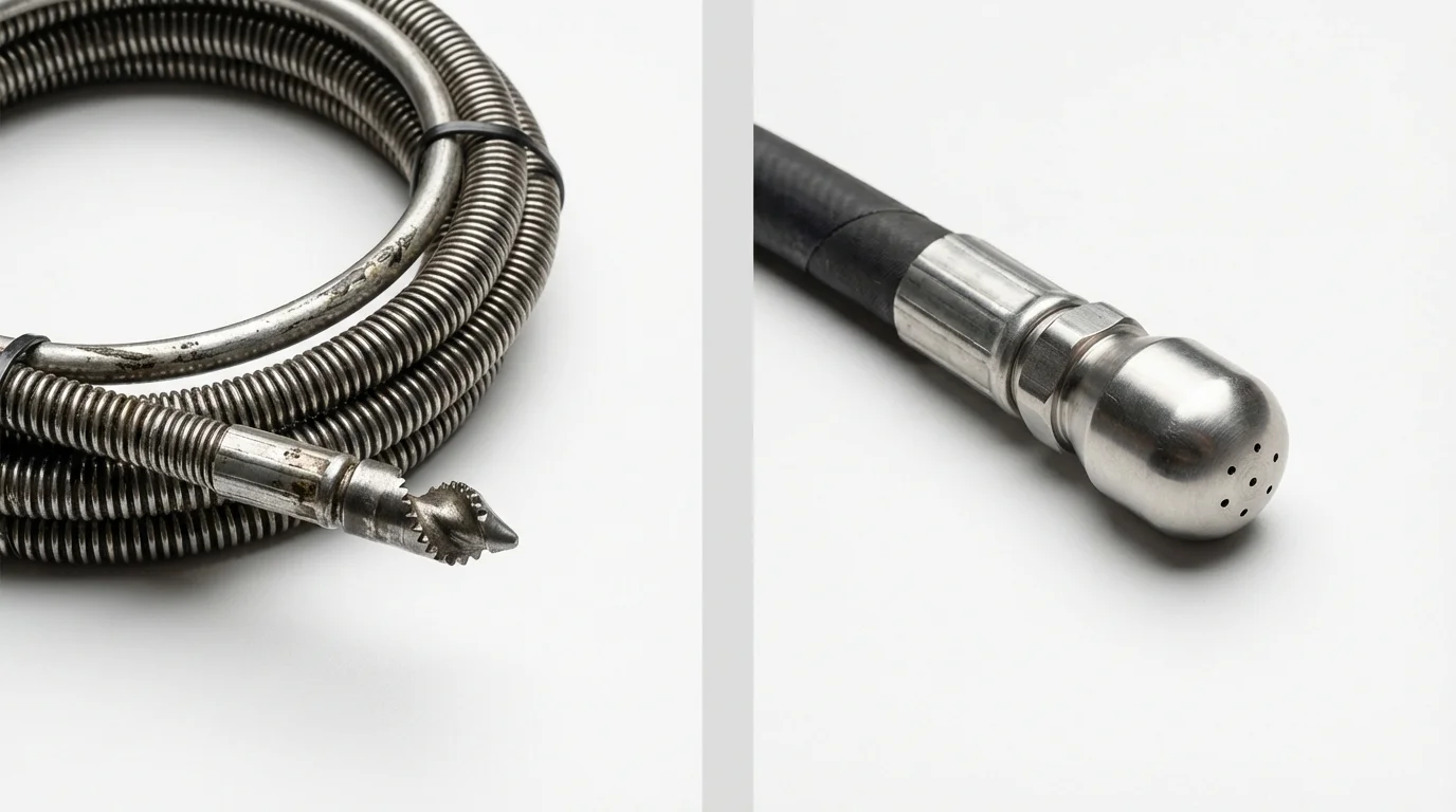 Drain snake cable and hydro jetting nozzle used for drain cleaning in Linwood, NJ